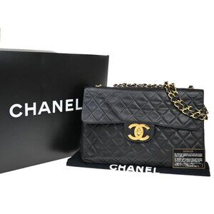 CHANEL Maxi Jumbo Matelasse 34 Chain Shoulder Bag Leather Black Vintage 809RF950